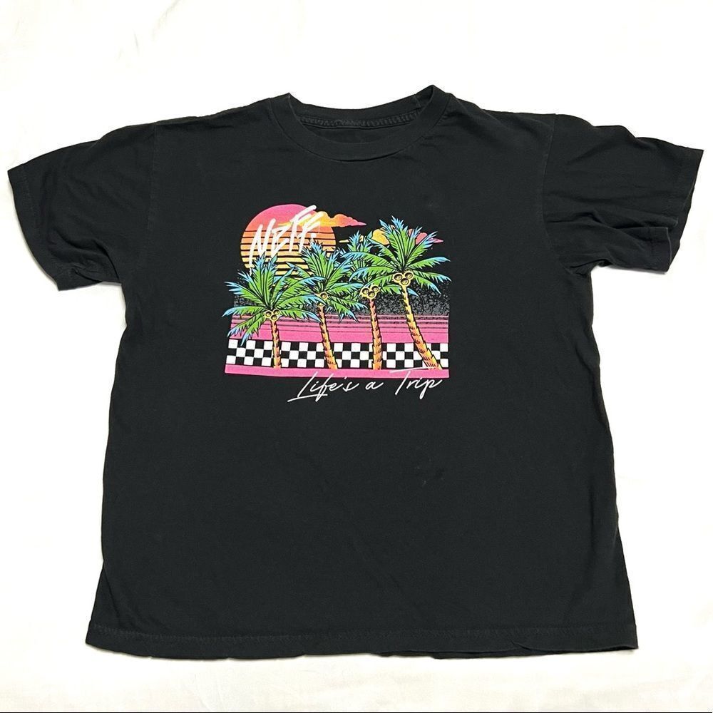 Neff Life’s A Trip Neon Palm Tree Screen Tee Shirt Black Retro 80’s Women’s M